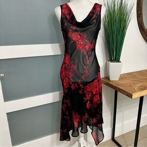 Y2K Connected Sheer Black Red Roses Dress SZ 8 MISSING SLIP UNDERNEATH Fairy EUC